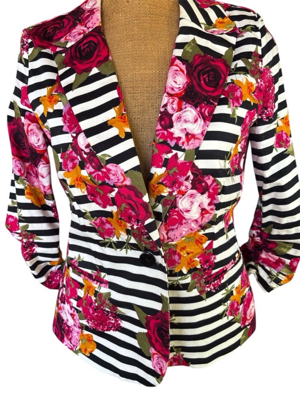 new directions Black & White Striped Blazer with Pink and Orange Floral Print